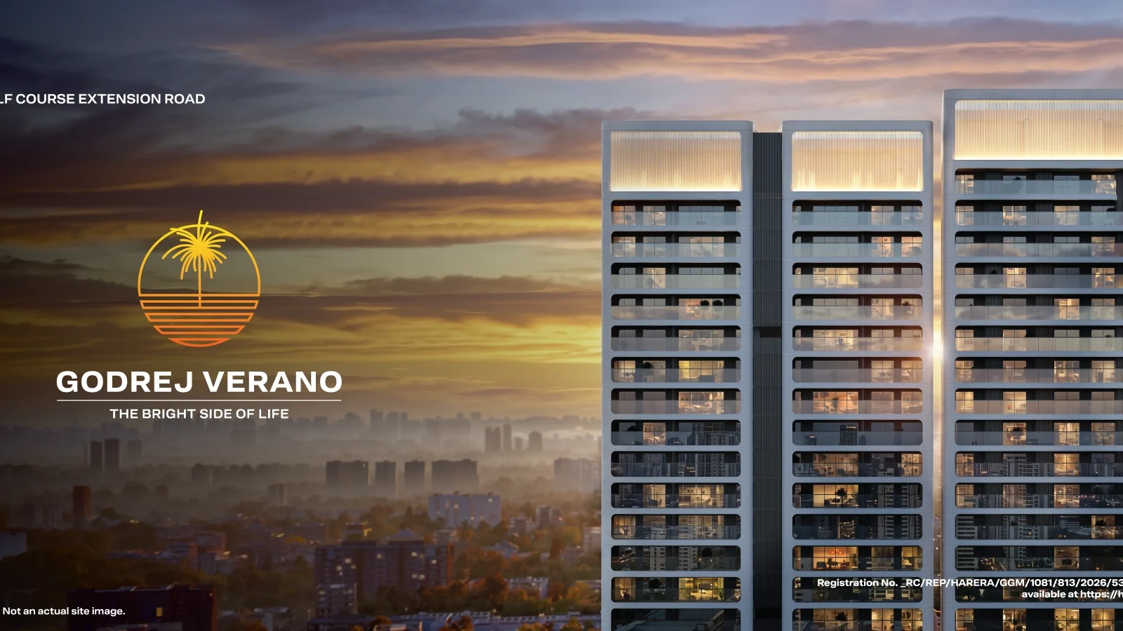 Artist's impression of the Godrej Verano towers at dusk, Golf Course Extension Road, Gurugram