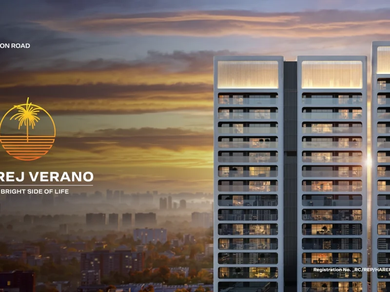 Artist's impression of the Godrej Verano towers at dusk, Golf Course Extension Road, Gurugram