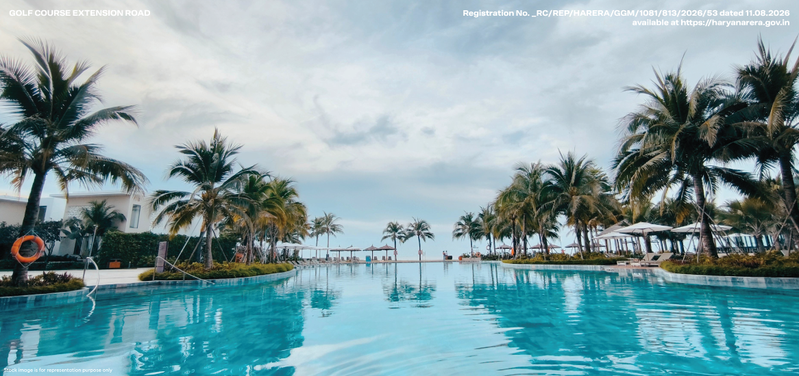 Pool framed by palm trees, illustrating the Beach Club at Godrej Verano
