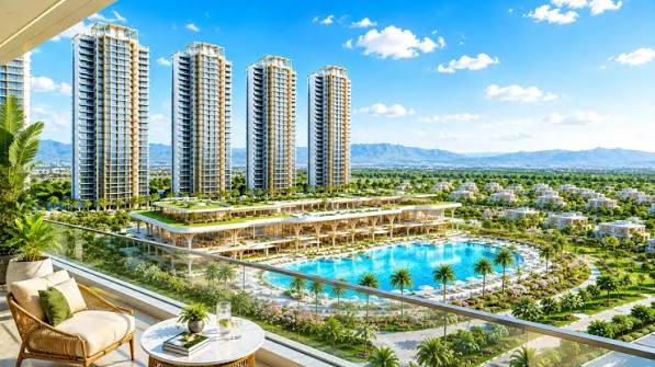 Artist's impression: view from a balcony over towers and a pool terrace (illustrative)