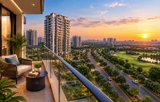 Artist's impression: balcony view towards the skyline at sunset (illustrative)