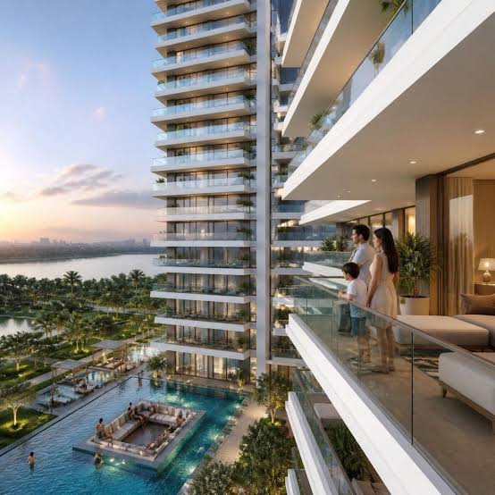 Artist's impression: tower balconies overlooking a pool (illustrative)